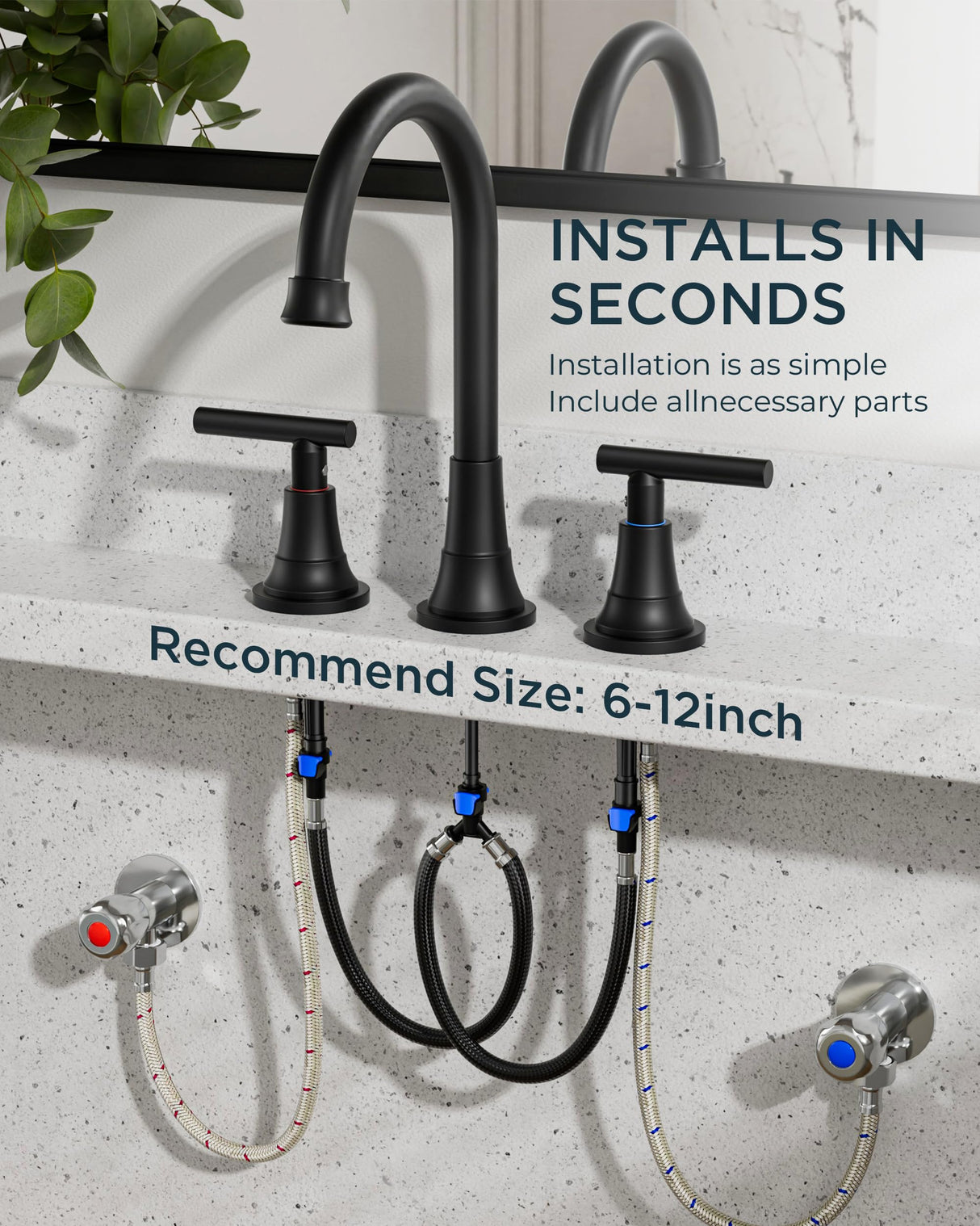 FORIOUS Black Bathroom Faucet 3 Hole Vanity, 2 Handle 360° Swivel Matte Black 8 Inch Widespread Bathroom Sink Faucet 3 Holes, with 360 Degree Rotating Spout, Pop-up Drain, Supply Lines
