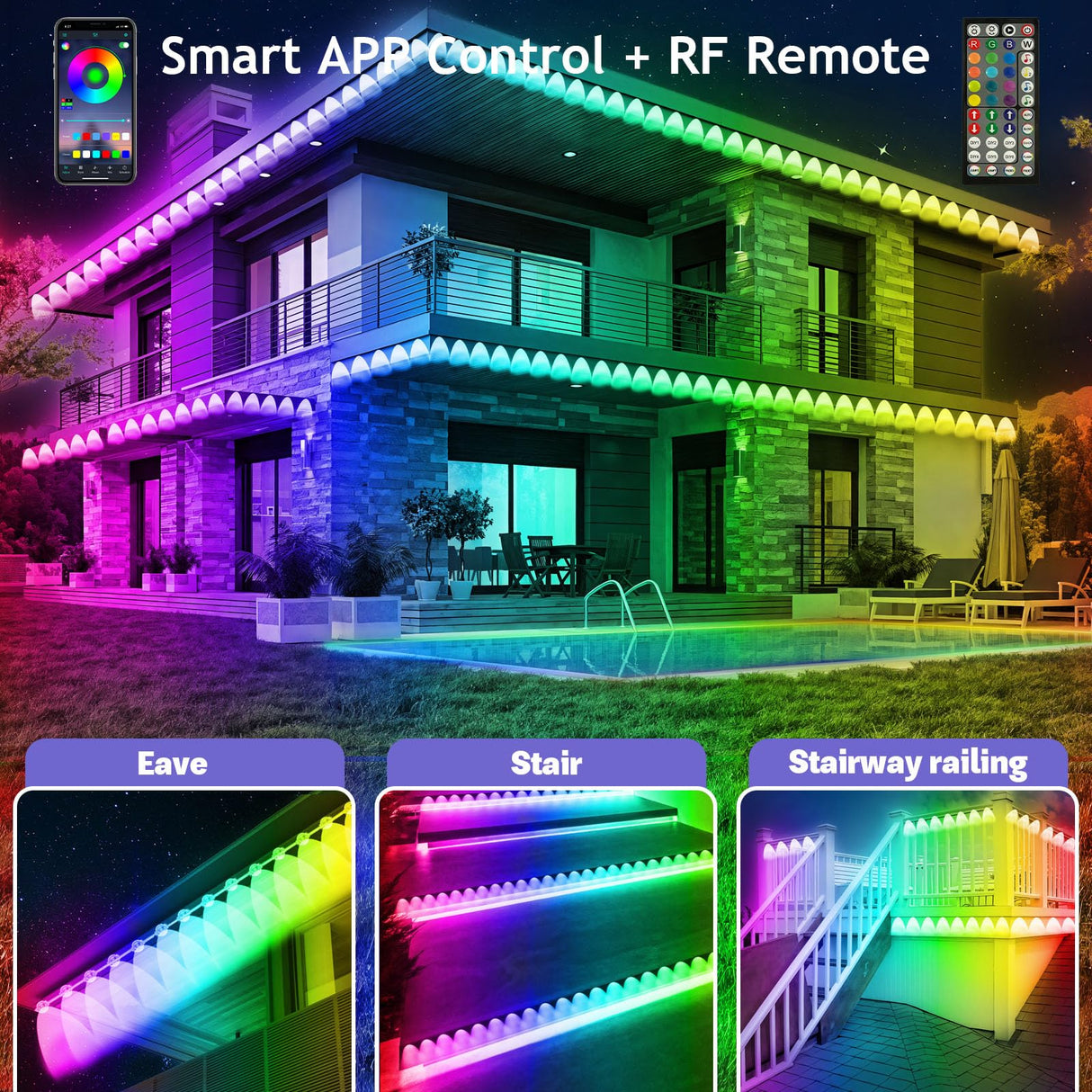 FBZ 150FT Permanent Outdoor RGB Lights - IP67 Waterproof with Smart App Control Remote,DIY Scene Modes, Music Synchronization,Eaves Lights for Garden Decor,Deck,Christmas