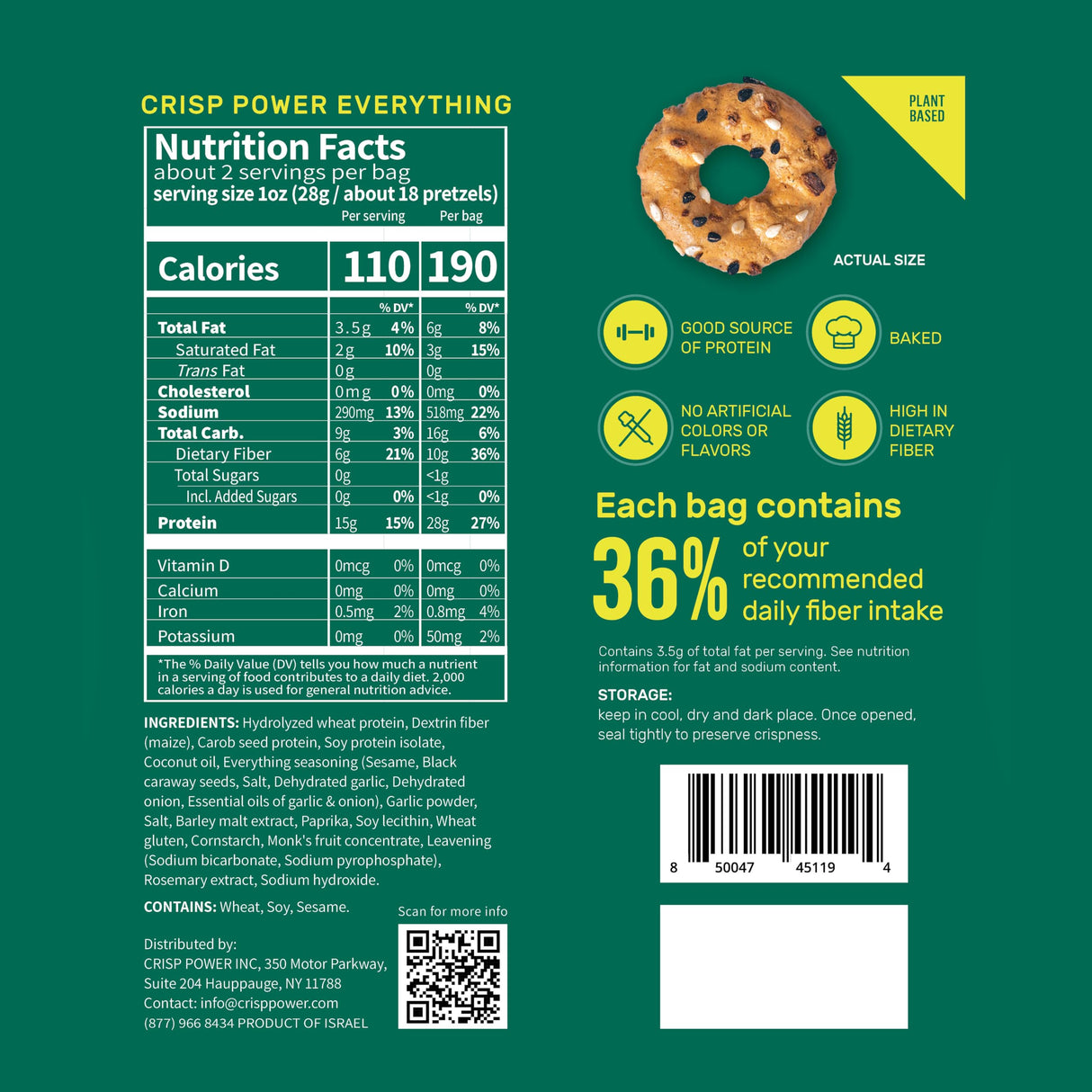 Crisp Power Protein Pretzels, Everything, High Protein Vegan Keto Snack, 28 G Plant Based Protein, Low Carb Crunchy Pretzel Snacks, Sugar Free, No Seed Oils, 1.75 oz Bags, 24 Pack