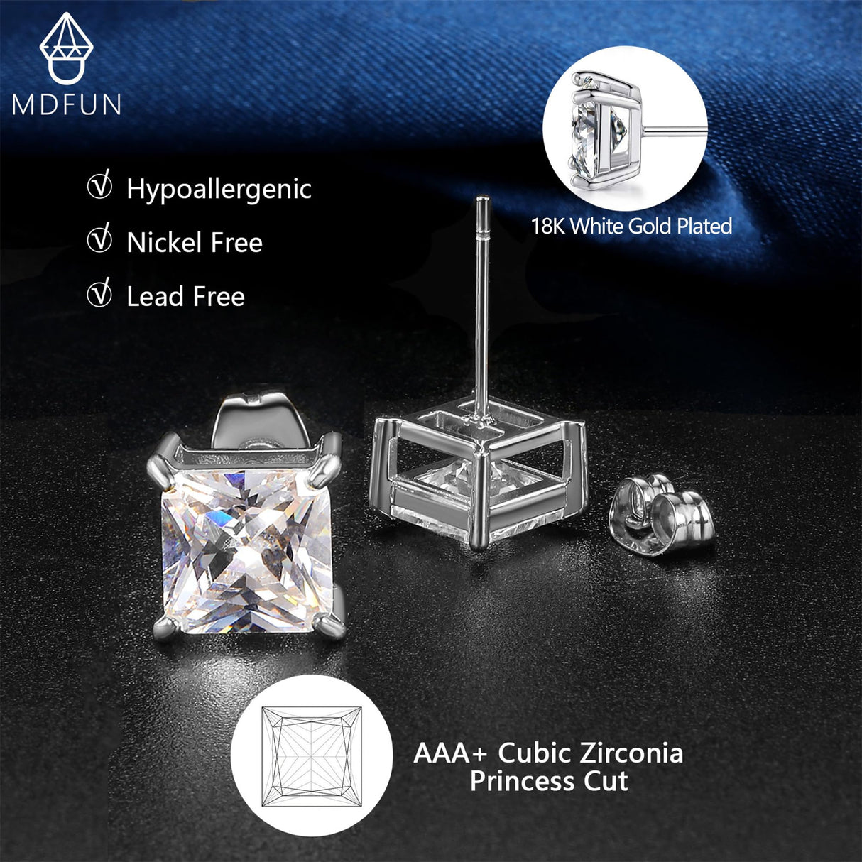 MDFUN Princess Cut Cubic Zirconia Stud Earrings for Women Men,5 Pairs