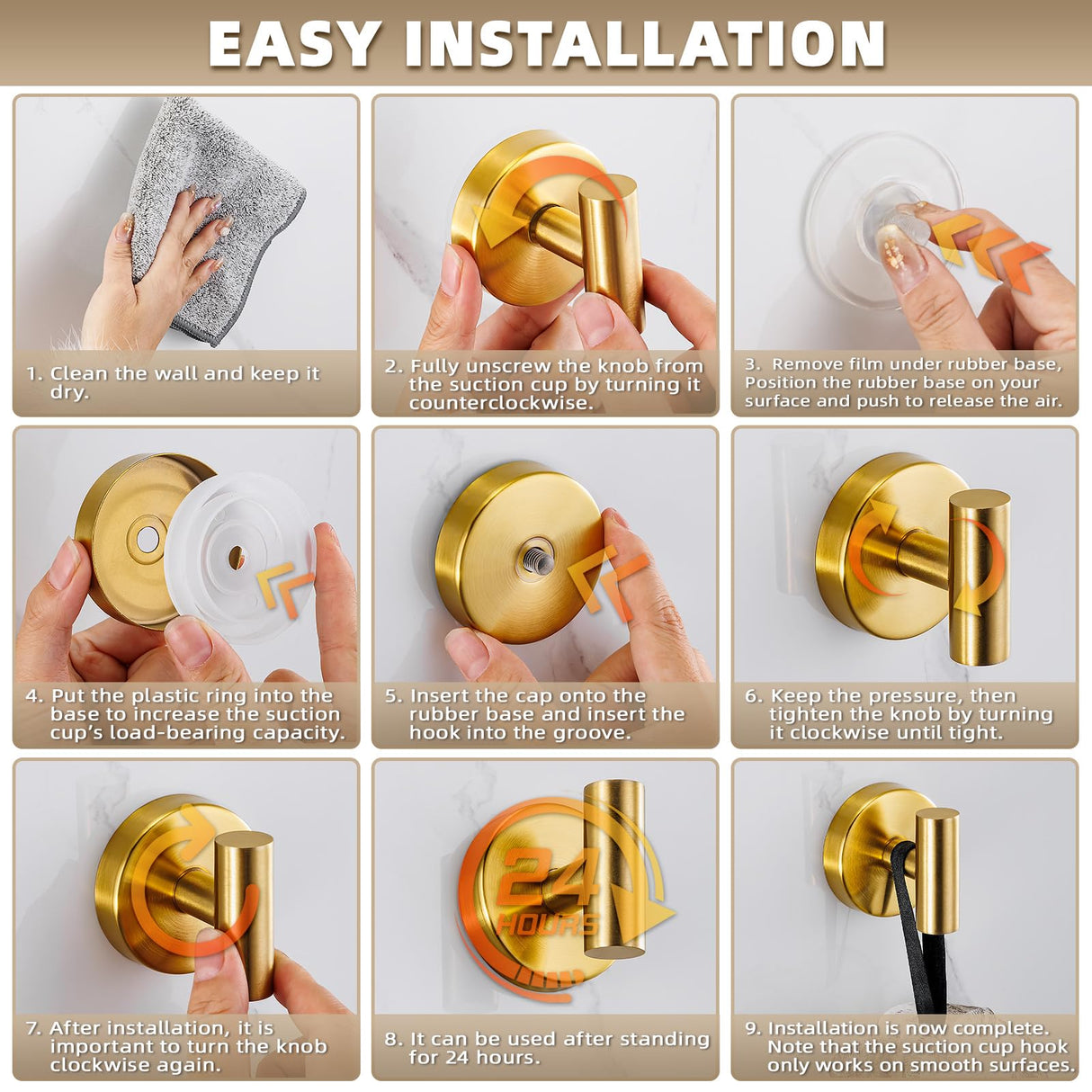 Fenas Suction Cup Hooks for Shower - Bathroom Reusable Hooks for Towels, Robes & Loofah - No-Drill Mounting on Kitchen,Walls,Metal,Glass,Mirrors,Tile & Smooth Non-Porous Surfaces (4, Brushed Gold)