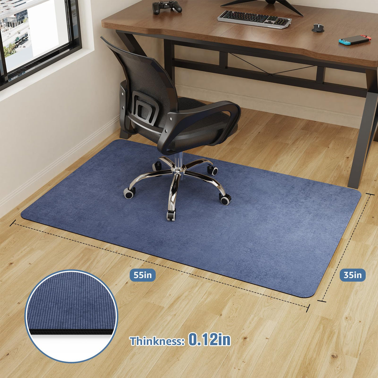 Placoot Office Chair Mat for Hardwood Floor, 55"x35" Corduroy Surface Computer Chair Mat, Desk Chair Mat, Large Anti-Slip Rubber Bottom Floor Protector for Home Office Brown