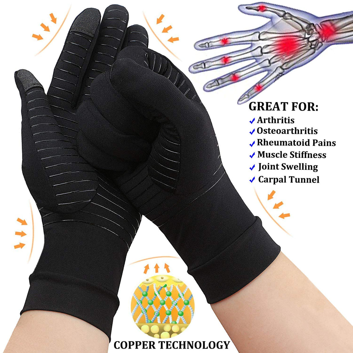 2-Pairs Pack Copper Full Finger Compression Gloves, Copper Arthritis Gloves for Women & Men Relieve Pain from Arthritis Pain, Swelling and Rheumatoid, and Everyday Hands Support (X-Large (Pack of 2))
