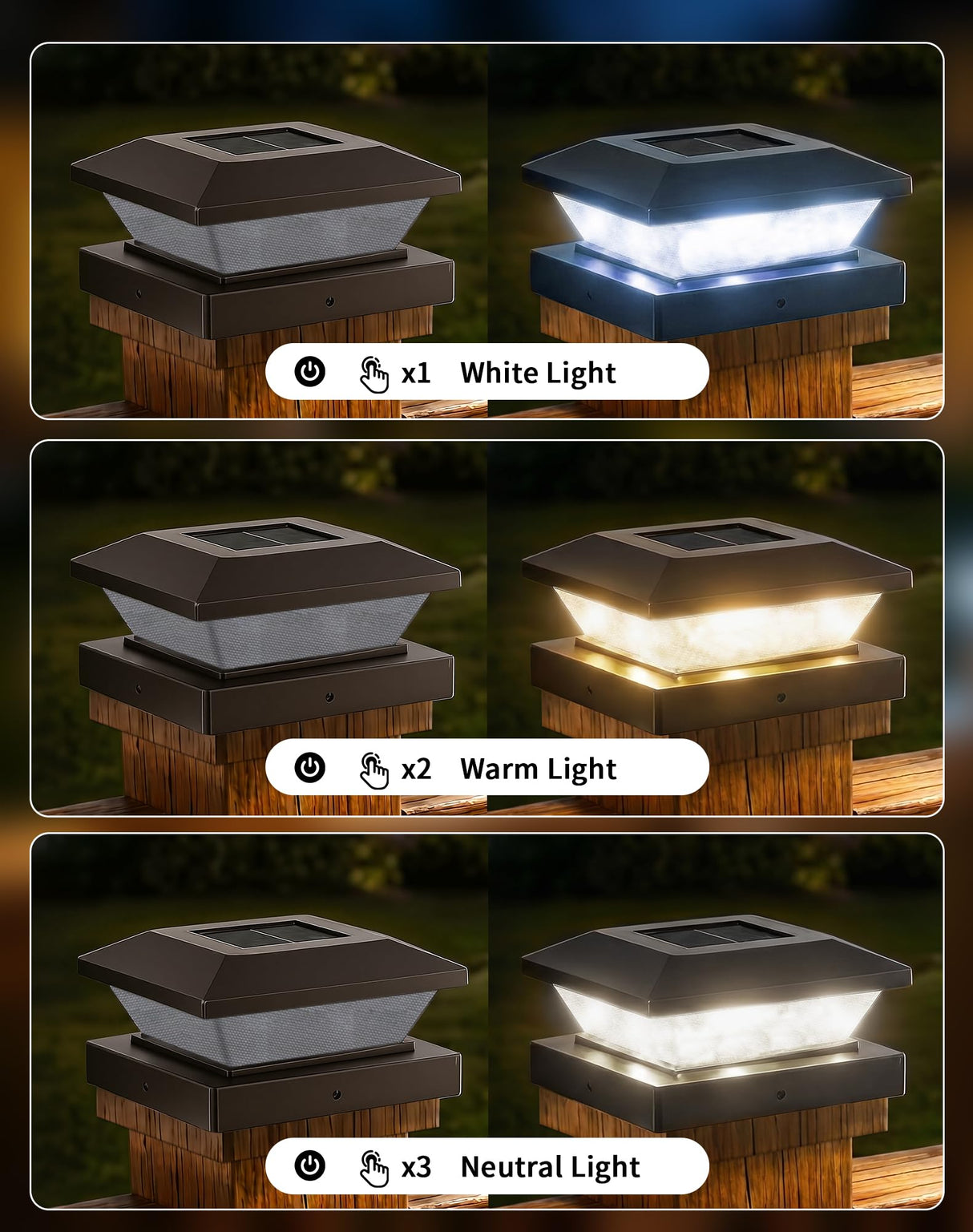 4x4-Solar-Post-Cap-Lights-Outdoor 12 Pack Solar Powered Fence Post Lights 3 Lighting Modes Deck Postcap Light for 3.5x3.5 4x4 Wood/Vinyl Posts LED Waterproof Garden Patio Porch Posts Lighting Black