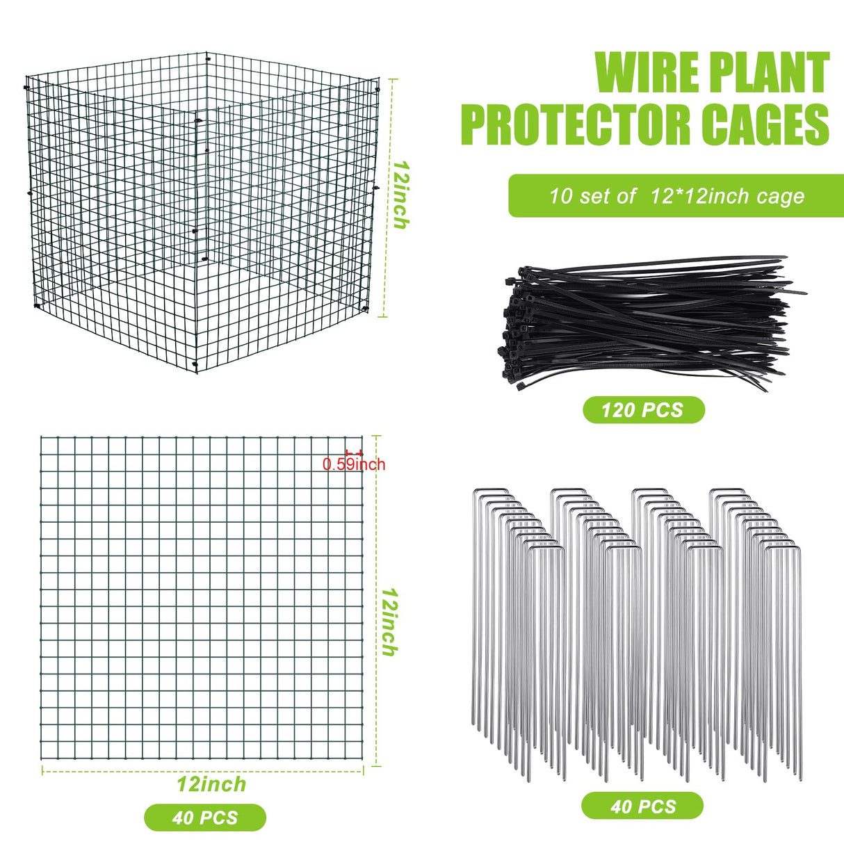 Zubebe 10 Pack Small Wire Plant Protectors Square Plant Protectors from Animals Mesh Cage Chicken Wire Cloche for Shrubs with Ground Stakes and Nylon Ties(Thickness 1mm,Dark Green)