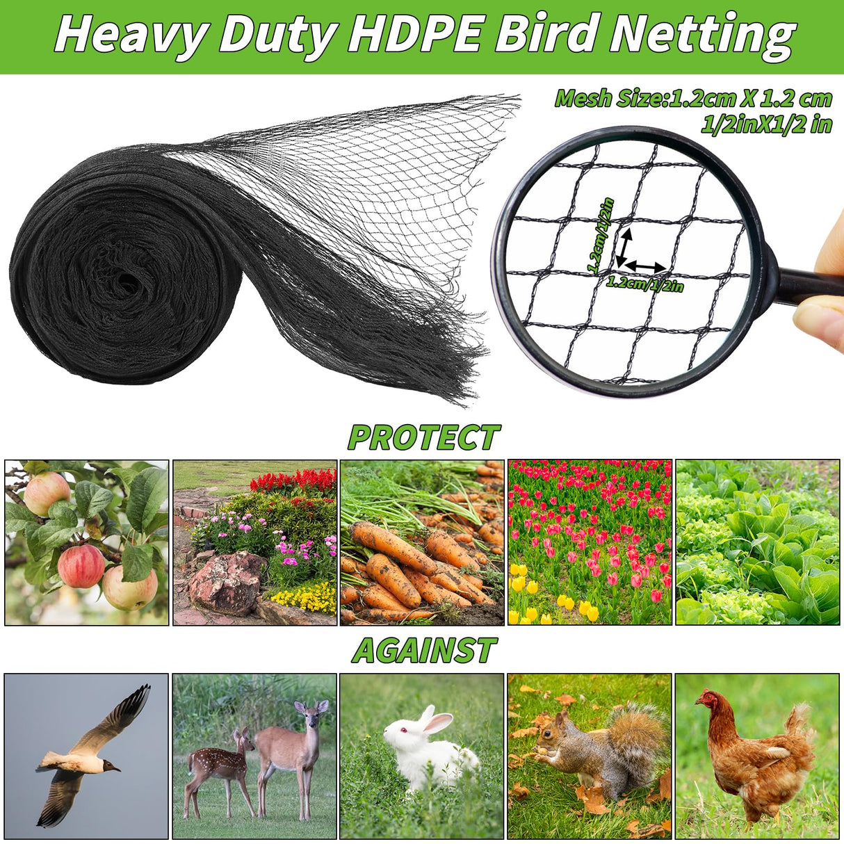 Garden Mesh Netting 10x50 FT - Heavy Duty Bird Net, Mesh Pest Barrier Reusable Ultra Fine Deer Fence Netting Crops Row Cover Raised Bed Protect Fruits Flower Vegetables from Bird Deer Squirrel