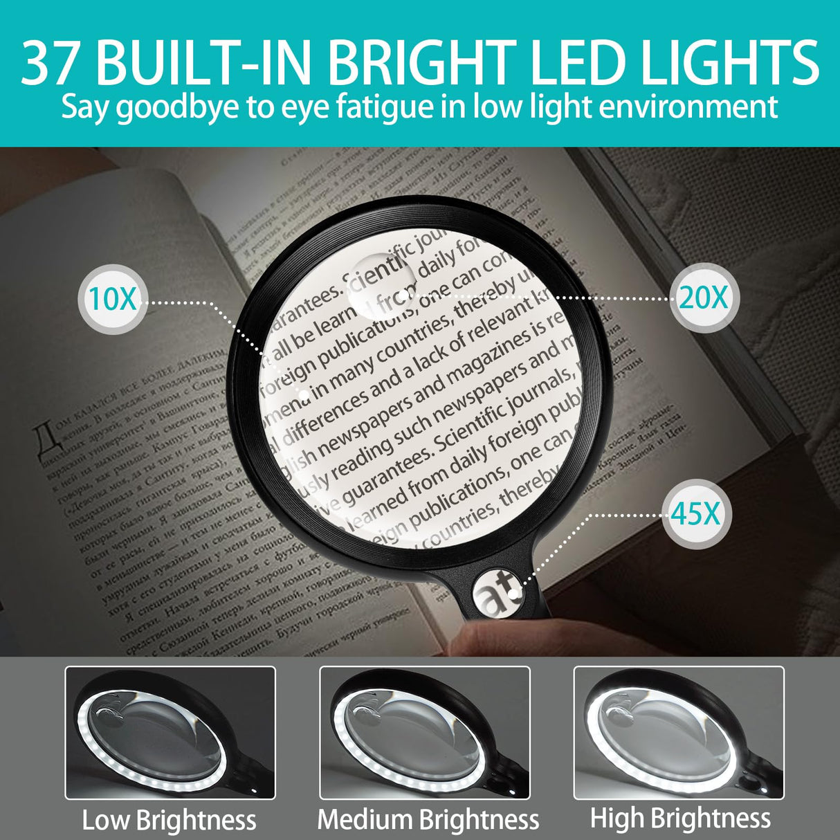 Large Magnifying Glass with 37 LED Light, 10X 20X 45X Handheld Illuminated Lighted Magnifier with 3 Light Modes Rechargeable Magnifying Glass for Seniors Reading, Inspection (Black & White)