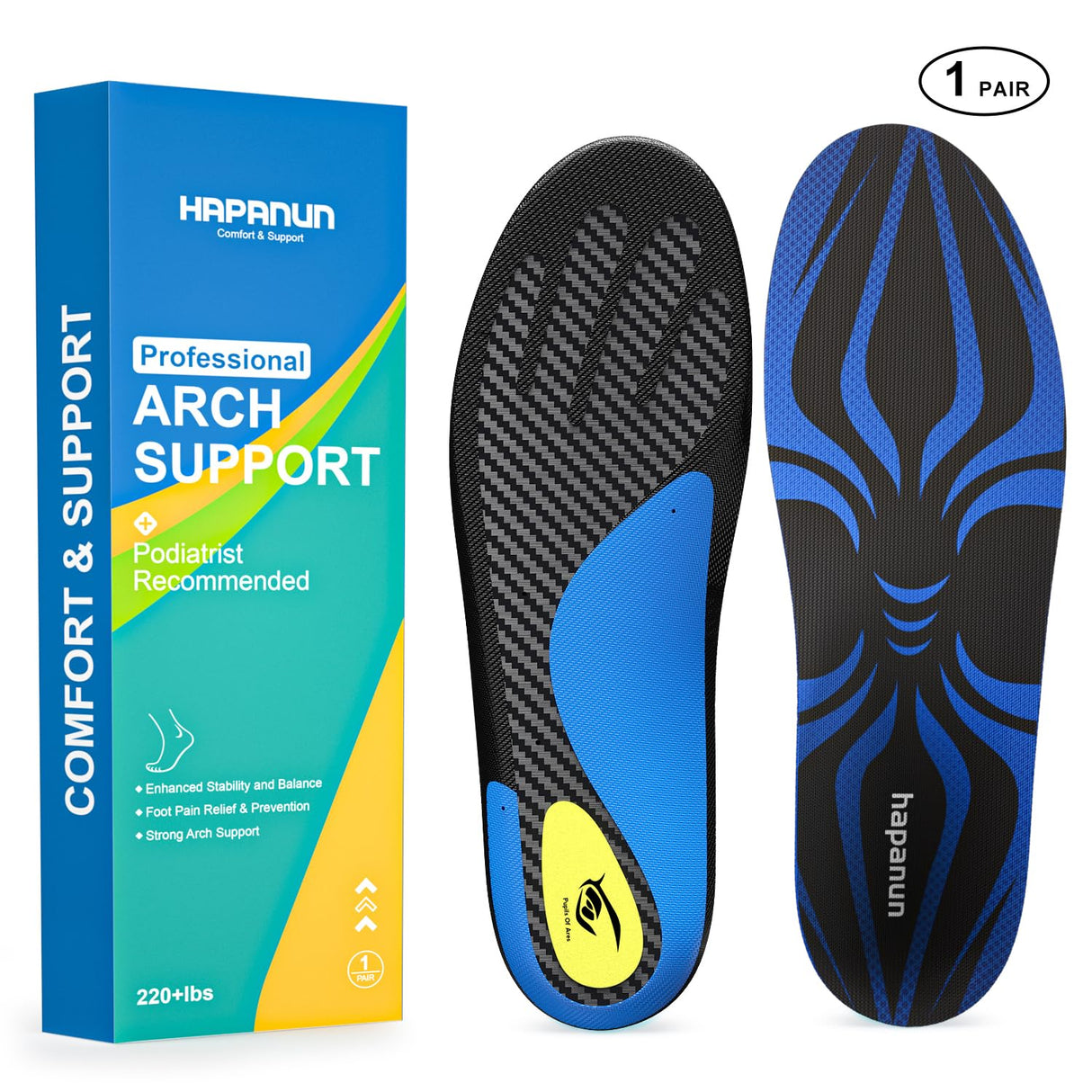 HAPANUN Carbon Fiber Insole with Arch Support for Long Periods of Standing, Jogging, Hiking and Other Outdoor Sports, as Well as a Work Boot Insole. (Blue, M：7.5/8丨W：8.5/9（270mm）)