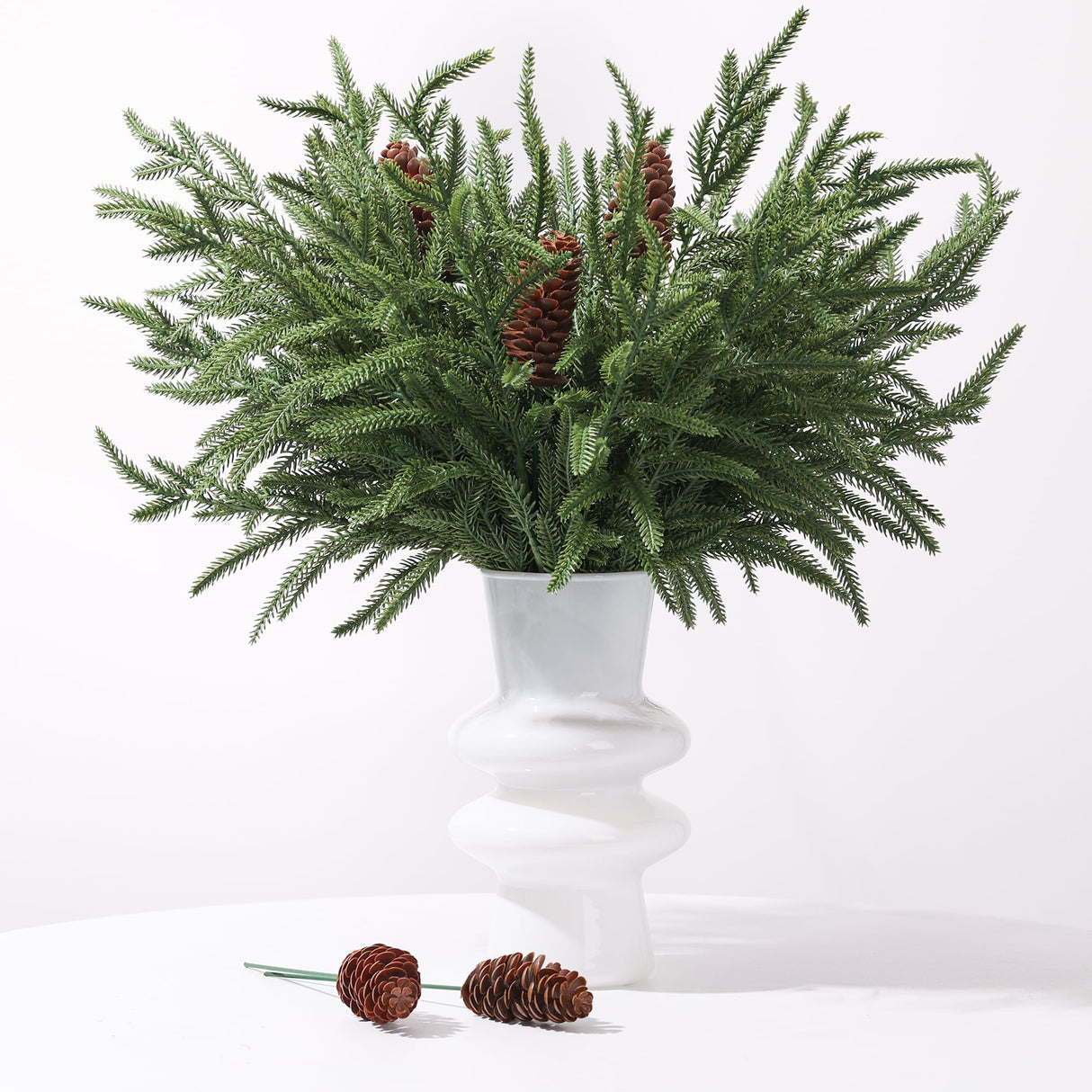 florisso Artificial Christmas Norfolk Pine Stems Branches for Vases,12 Bundles Faux Pine Branches with 5 PCS Big Pinecones Stems Fake Greenery Evergreen Real Touch for Holiday Winter Table Xmas Decor