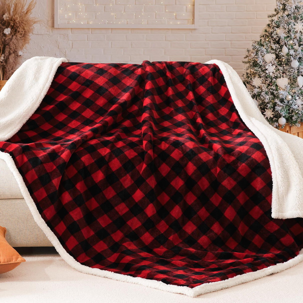 BEAUTEX Sherpa Fleece Flannel Blanket Twin Size, Super Soft Warm Buffalo Plaid Plush Microfiber Blankets, Cozy Fuzzy Christmas Blanket for Couch Sofa Bed (Red, 60" x 80")