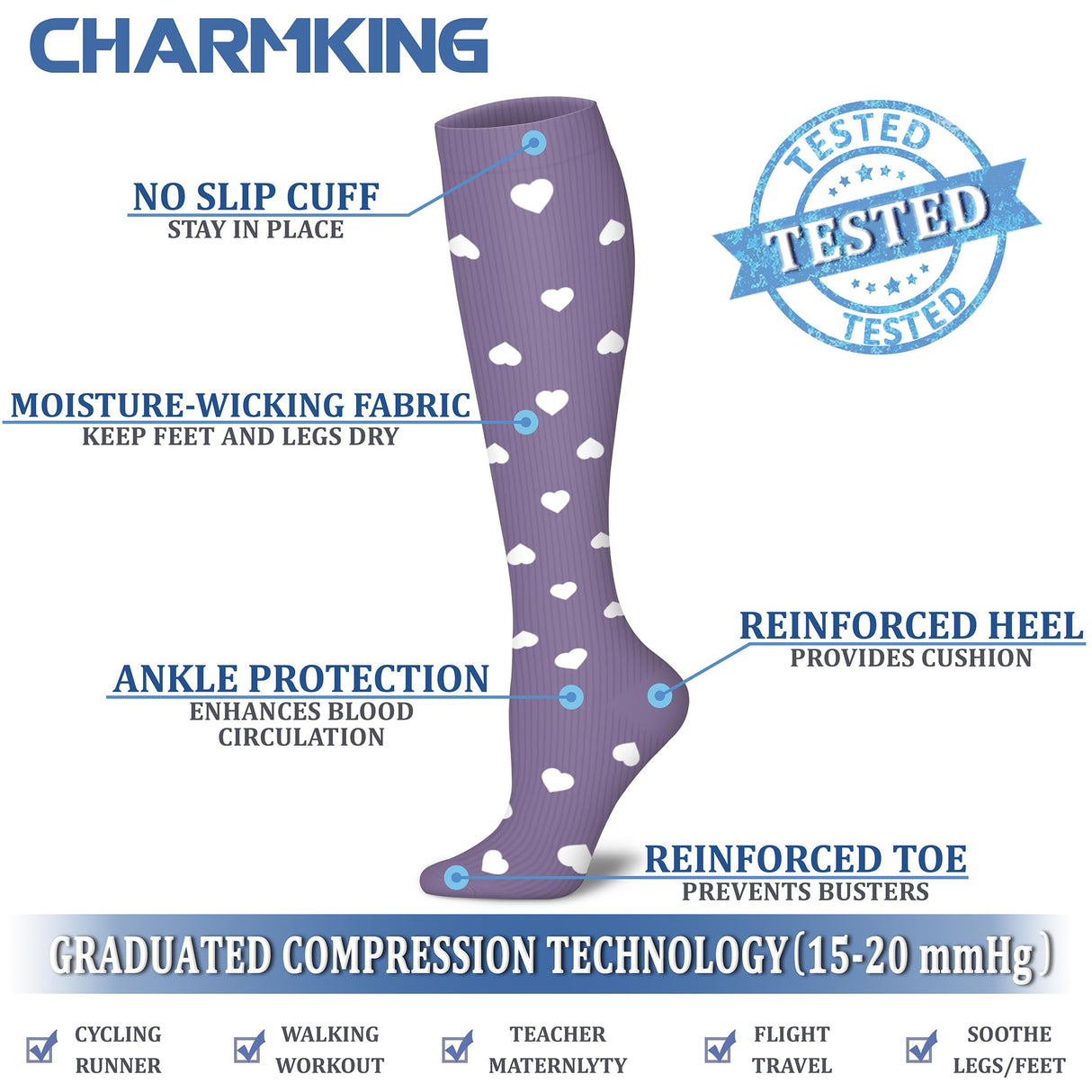 CHARMKING Compression Socks for Women & Men (8 Pairs) 15-20 mmHg Graduated Copper Support Socks are Best for Pregnant, Nurses - Boost Performance, Circulation, Knee High & Wide Calf (L/XL, Multi 58)