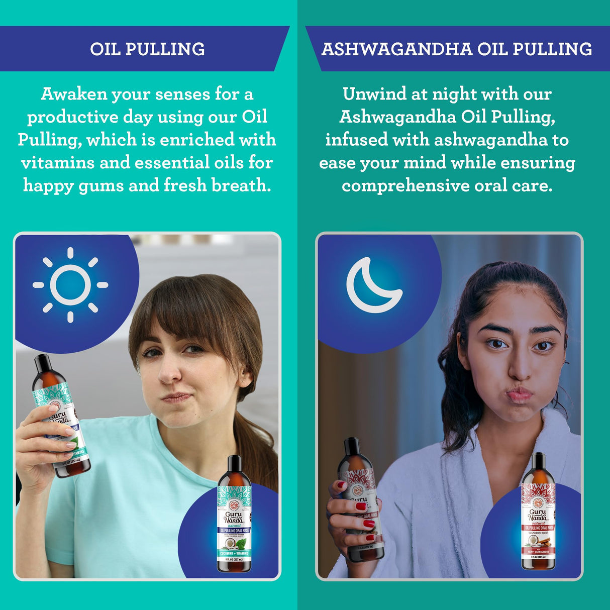 GuruNanda CocoMint Oil Pulling Mouthwash for Complete Oral Hygiene, 7 Essential Oils & Vitamins for Happy Teeth & Gums & Fresh Breath, Alcohol-Free, 3X8 oz