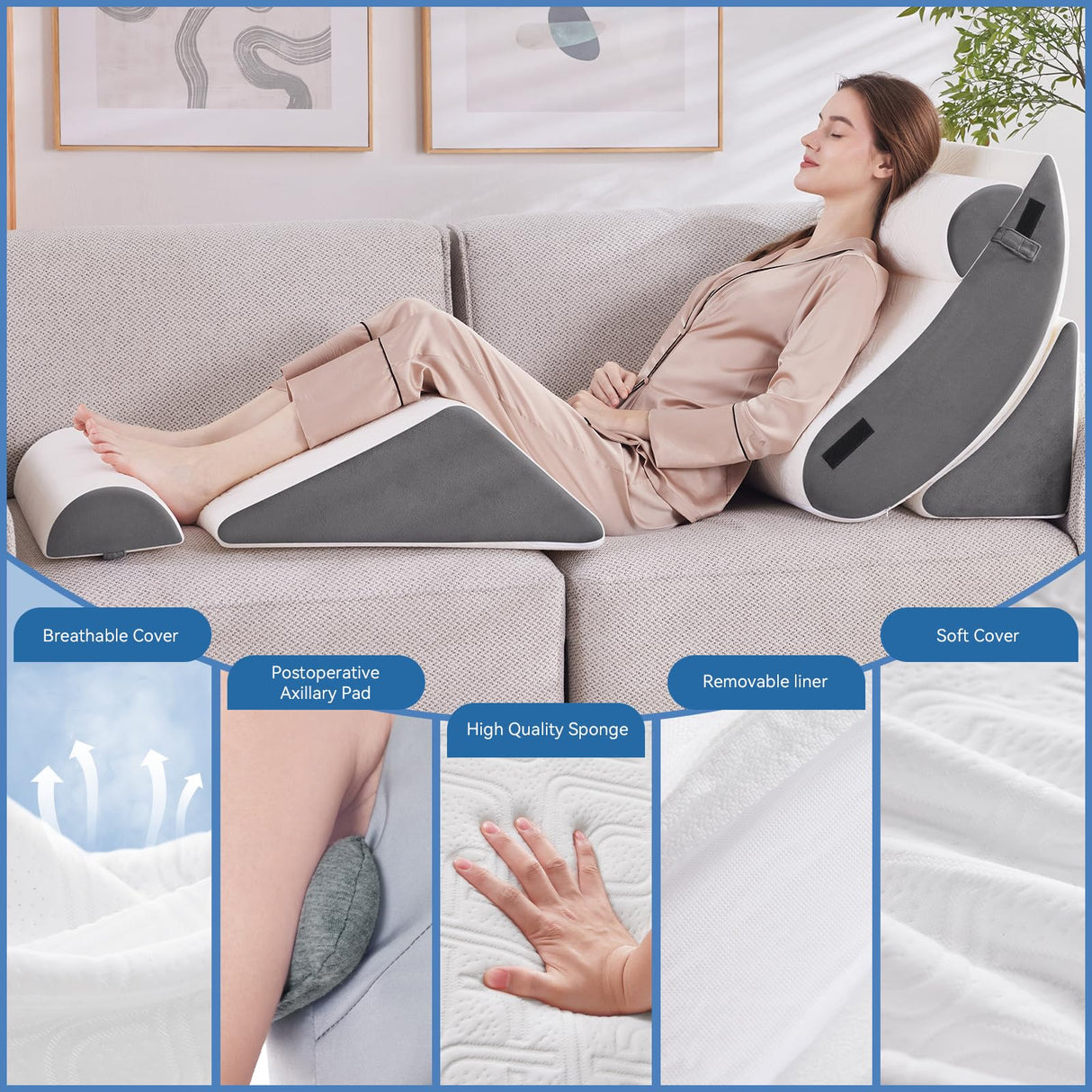 Negwoo 5PCS Orthopedic Bed Wedge Pillow Set for Sleeping, Post Surgery Foam Support Pillow for Back, Neck, Leg Pain Relief and Acid Reflux, Comfortable Adjustable Pillow with 2PCS Axilla Pillow Grey