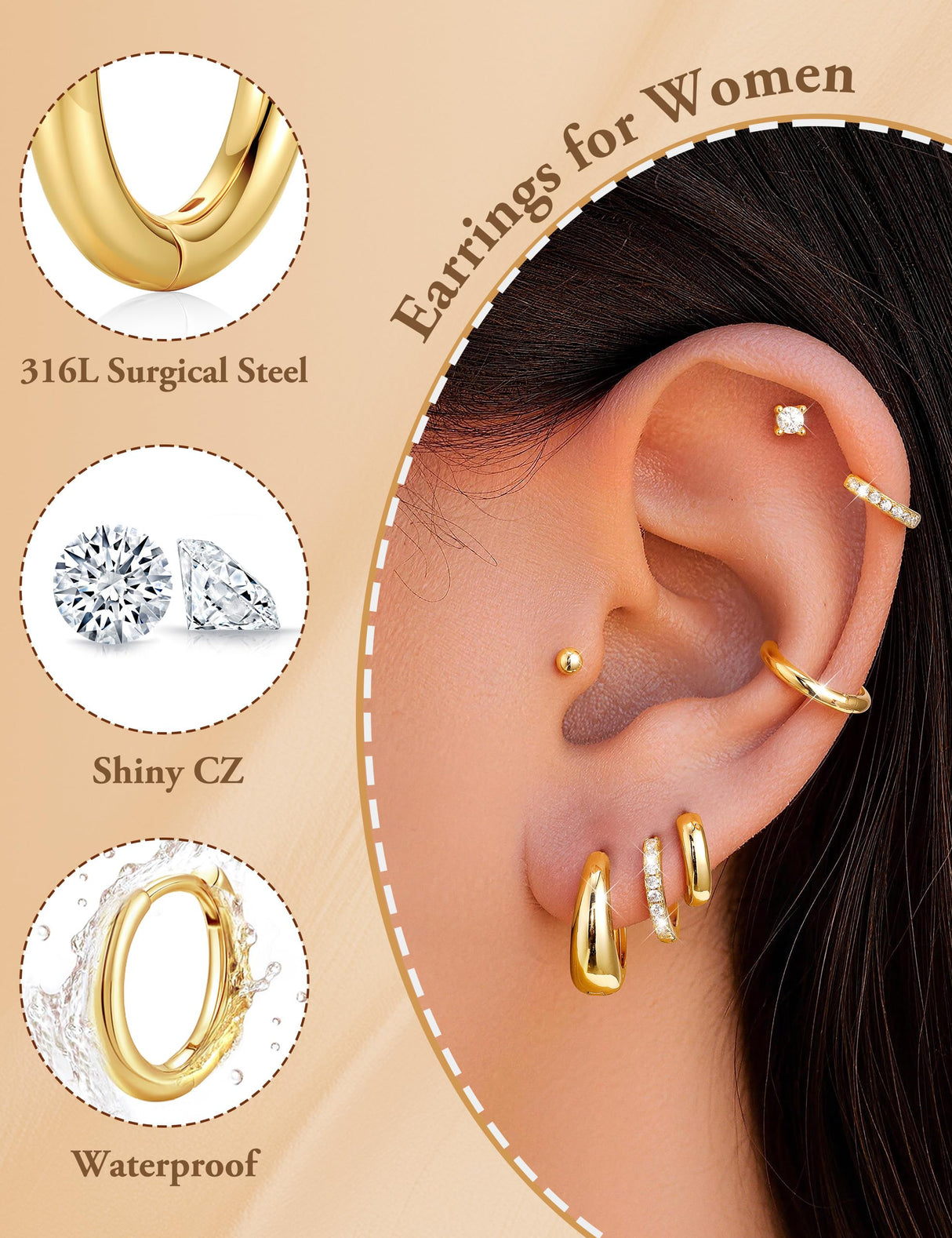 TURANDOSS Hypoallergenic Gold Hoop Earring Sets for Women Girls No Tarnish