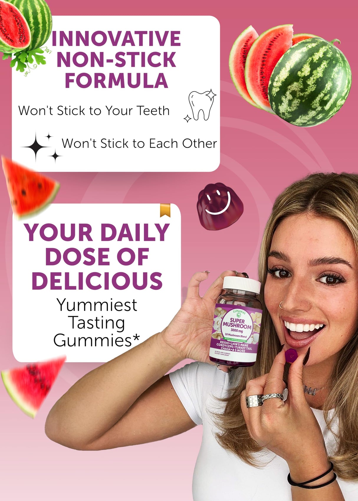 Lunakai USA Made Super Mushroom Gummies for Adults – 10-in-1 Adaptogenic Mushroom Supplement with Lion's Mane - Focus & Brain Support, 60ct