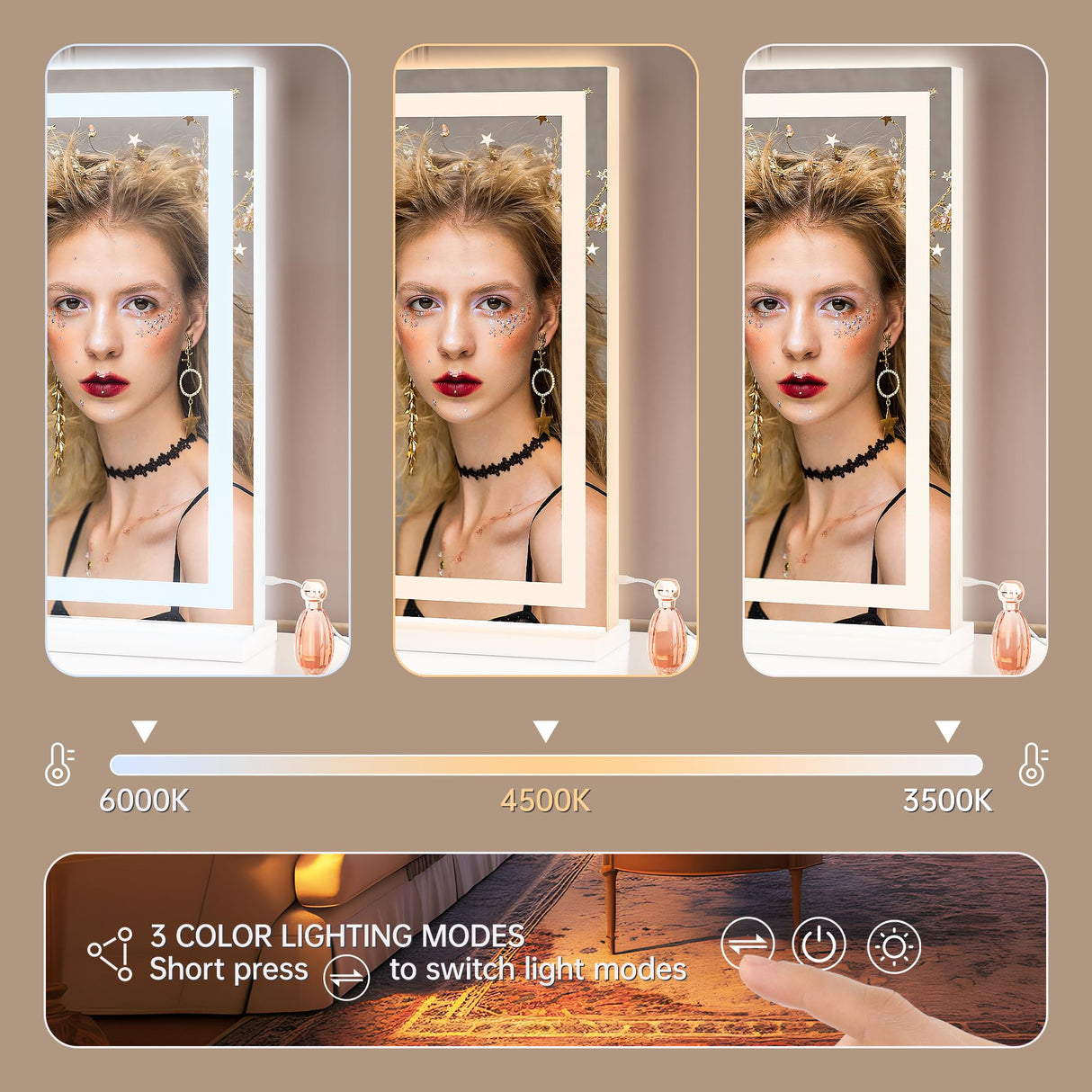 Hasipu Vanity Mirror with Lights, 32" x 20" LED Makeup Mirror, Lighted Makeup Mirror with Dimmable 3 Modes, Touch Screen Control Vanity Mirror Square White