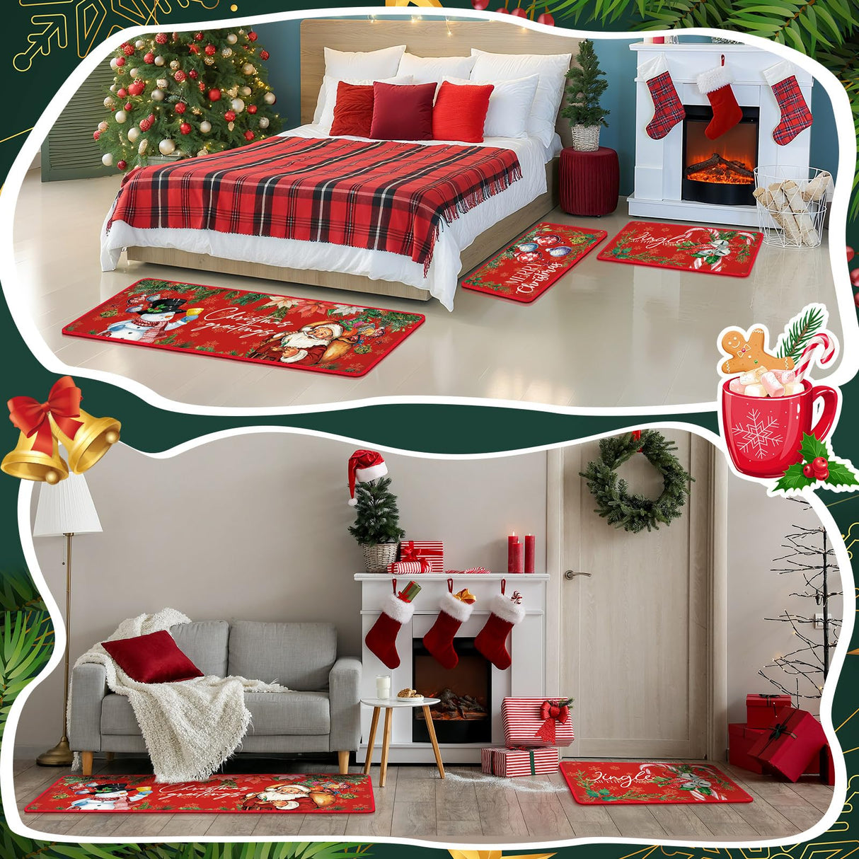 Drydiet 3 Pcs Christmas Kitchen Rugs and Mats Set Xmas Winter Farmhouse Non Slip Rugs Christmas Snowman Candy Holly Berries Floor Mats for Kitchen Home Hallway Holiday Decor, 17 x 29 and 17 x 47 Inch