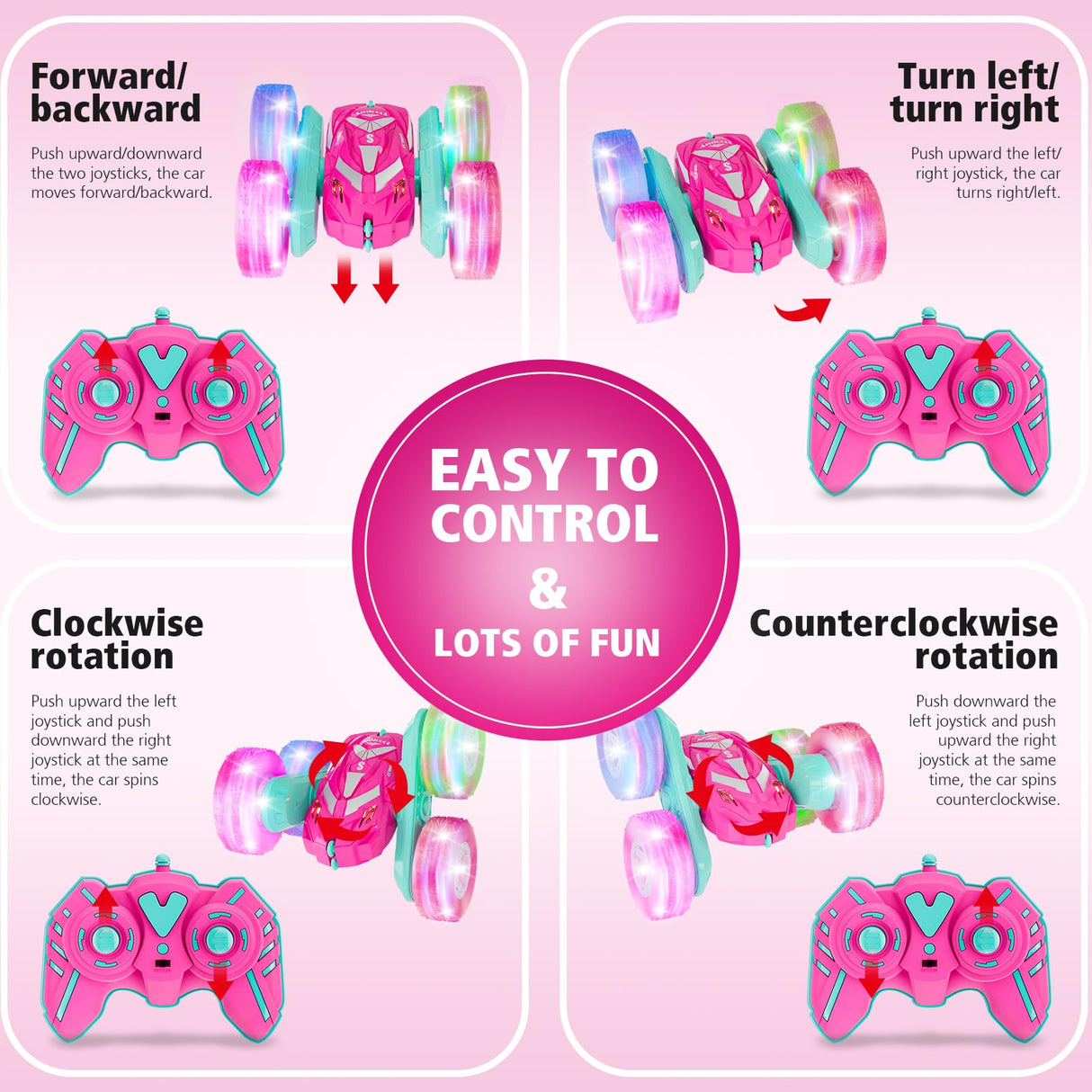 Amicool Remote Control Car for Girls 3-12 with Flashing Light, Toys 4 5 6 7 8 9 Years Old Girl Birthday Gifts Idea, RC Cars Stunt 4WD 2.4Ghz Double Sided 360° Flip, Present for Kids, Christmas, Pink