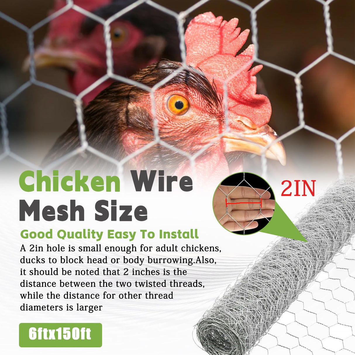 HOSTIC 6FTx150FT Chicken Wire Netting 2IN Galvanized Wire Mesh Hexagonal for Poultry Garden Fencing Barrier