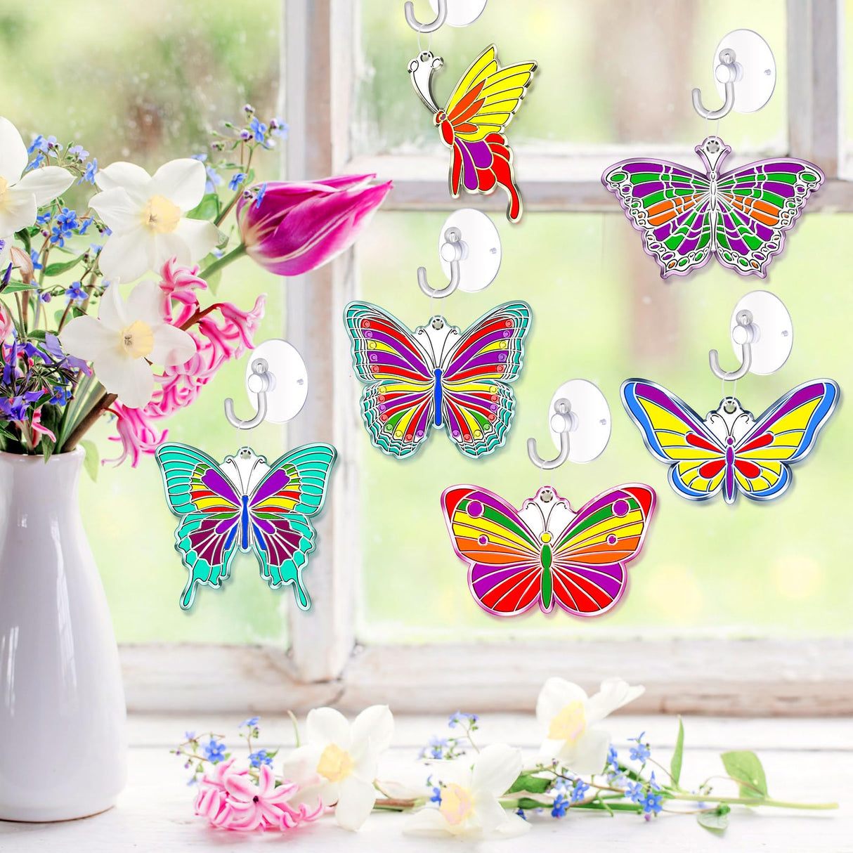 Tioncy 60 Sets Butterfly Suncatchers Kits DIY Window Suncatcher Paint Ornaments Decorations Butterfly Art Suncatchers Crafts Kit for Spring Activities Easter Art Project Party Favors