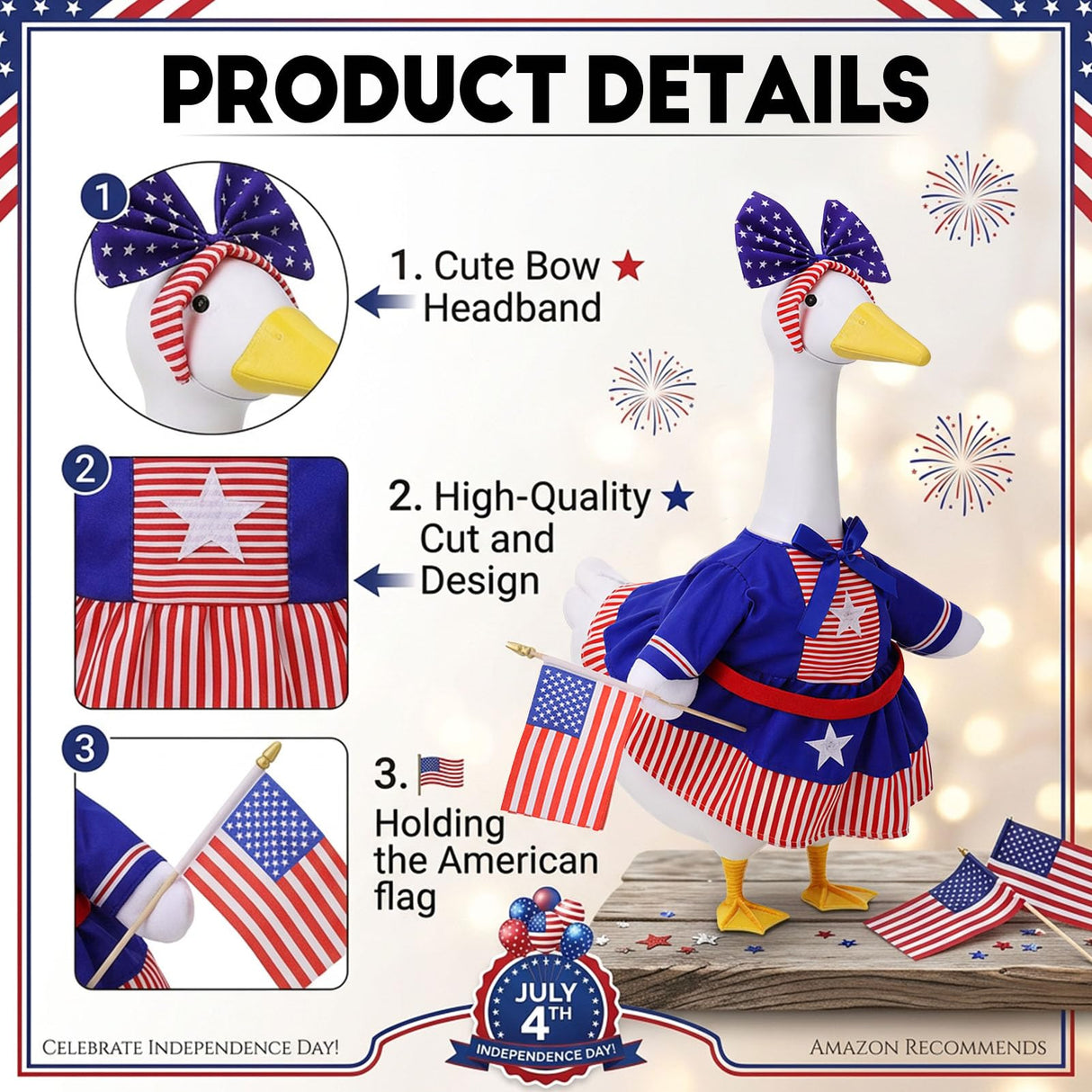 Patriotic 4th of July Porch Goose Outfit for 23 Inch Lawn Statue, 250th Anniversary Independence Day American Lawn Goose Clothes Costume, Red White Blue Patriotic Decorations for Garden Outdoor