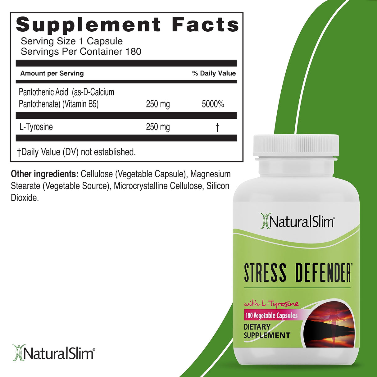 NaturalSlim Stress Relief Supplement - Stress Defender, High Cortisol Reducer, Control Cravings, Sleep & Metabolism Support with Vitamin B5 Pantothenic Acid & L Tyrosine - 180 Vegetable Capsules