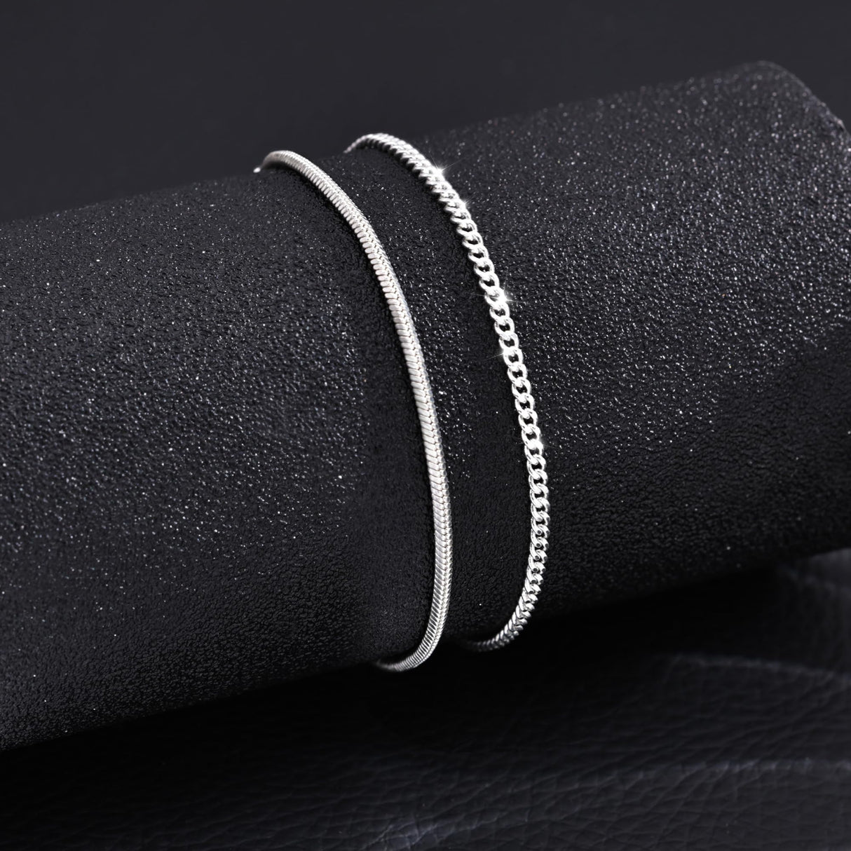 Silver Bracelets for Men, Stackable Fashion Cuban Snake Chain Set, 7 Inch