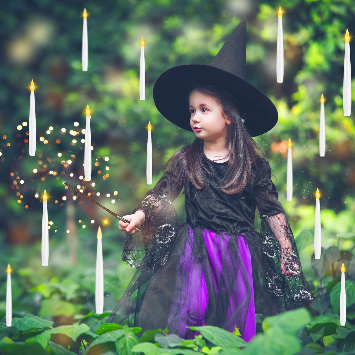 LUSHARBOR Floating Candles with Wand, 10 Pack Halloween Flameless Candles Battery Operated LED Taper Hanging Electric Candle for Christmas Halloween Birthday Party Decor 6.1in