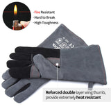 RAPICCA Fireplace Gloves Fire Heat Resistant: Grey 16IN 662℉- Fireproof Leather for Fireplace Fire pit Wood stove Campfire Furnace BBQ Grill Oven Stick Mig Welding Welder Gear - Birthday Gift for men