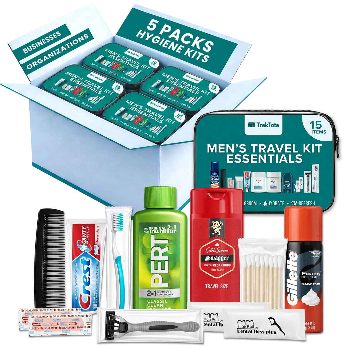 TrekTote Bulk 5 Case Pack of Mens 15 Piece Set Hygiene Kits, Bulk Travel Size Toiletries Kits, Deodorant, Shampoo, Body Wash, Shaving Cream, Razor, Toothbrush, Toothpaste, Comb, Flossers, Swabs
