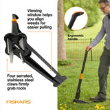 Fiskars Deluxe Stand-Up Weed Puller Tool, 4 Serrated Stainless Steel Claws