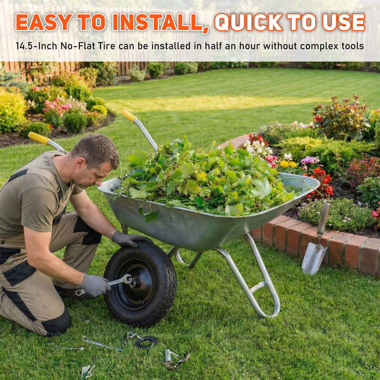 2-PCS 4.80/4.00-8 Tire, 14.5" Flat Free Wheelbarrow Tire and Wheel - Solid Replacement Tires with 3"-7" Adjustable Centered Hub, 5/8" & 3/4" Bearings | Fit 4.80/4.00-8, 4.00-8, 4.00-6, 3.50/3.00-8