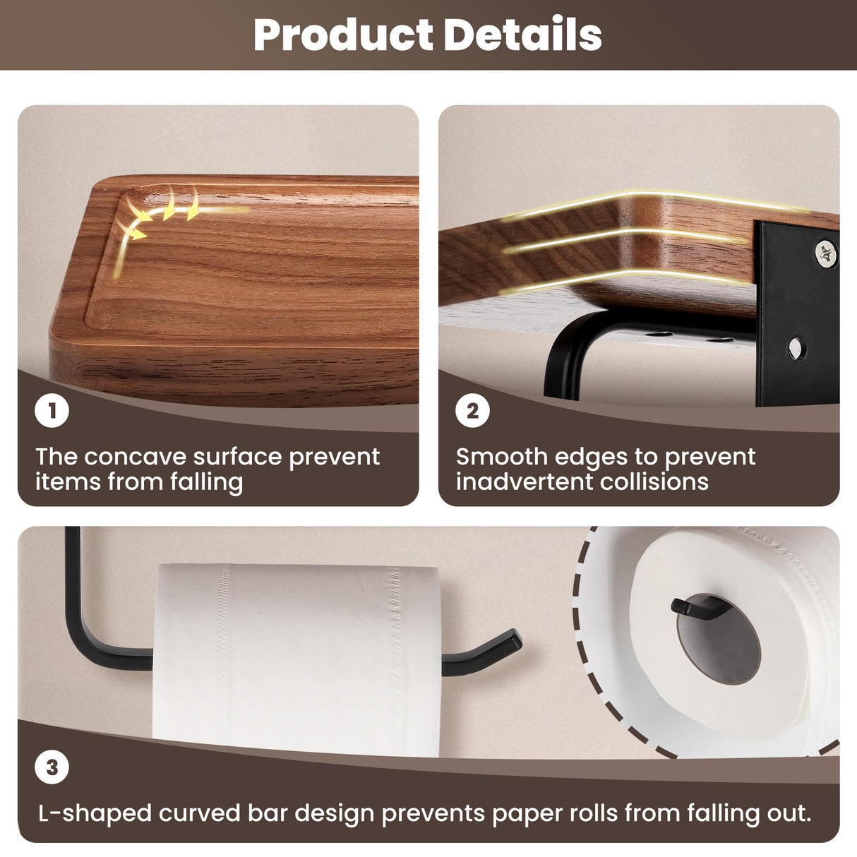 TOKCKYBL Toilet Paper Holder with Walnut Wood Shelf - Wall Mount & Self-Adhesive Bathroom Tissue Holder, Black Stainless Steel with Walnut Shelf for Phone - Home Apartment Restroom Decor Essentials