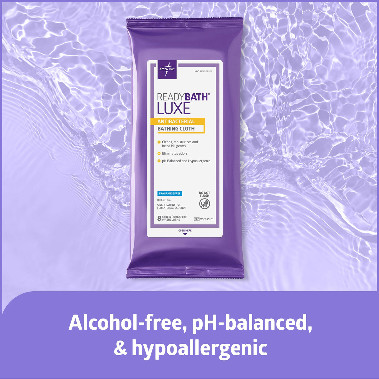 Medline ReadyBath LUXE Antibacterial Extra Thick Adult Bath Wipes, 192 Count (8 Wipes, 24 Packs), Unscented, No Rinse Formula With Aloe, for Sensitive Skin, Hypoallergenic, Alcohol-Free, 8 x 8 Inch