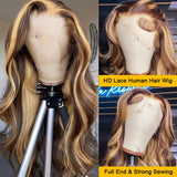 Honey Blonde Lace Front Wig - Human Hair, 13x6 HD Body Wave Highlight Ombre Lace Frontal Wig, Pre Plucked With Baby Hair, 180% Density, Glueless, 30inch