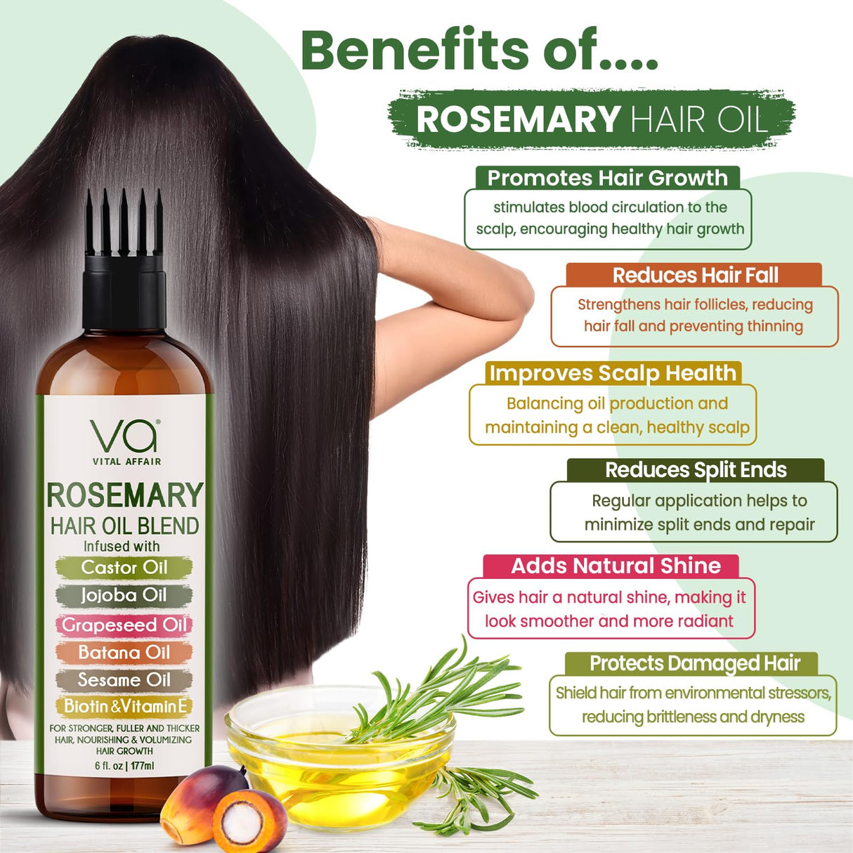 VITAL AFFAIR Blend Of Pure Rosemary Oil With Castor, Batana, Jojoba Oil - Infused With Biotin & Vitamin E-Blend of Effective Hair Oils for Hair Growth-Strengthening Treatment 6 Fl Oz