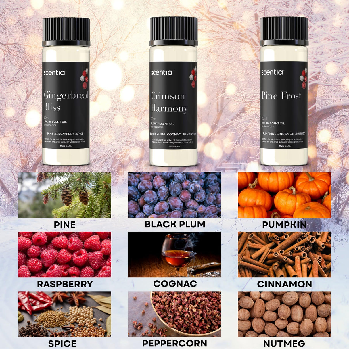 Christmas Fragrance Oil Set – Winter Essential Oils for Diffusers & Candle Making – Pine Frost, Gingerbread Bliss & Crimson Harmony – Holiday Gift Set – Made in USA – 3×20ml (2.03 fl oz)