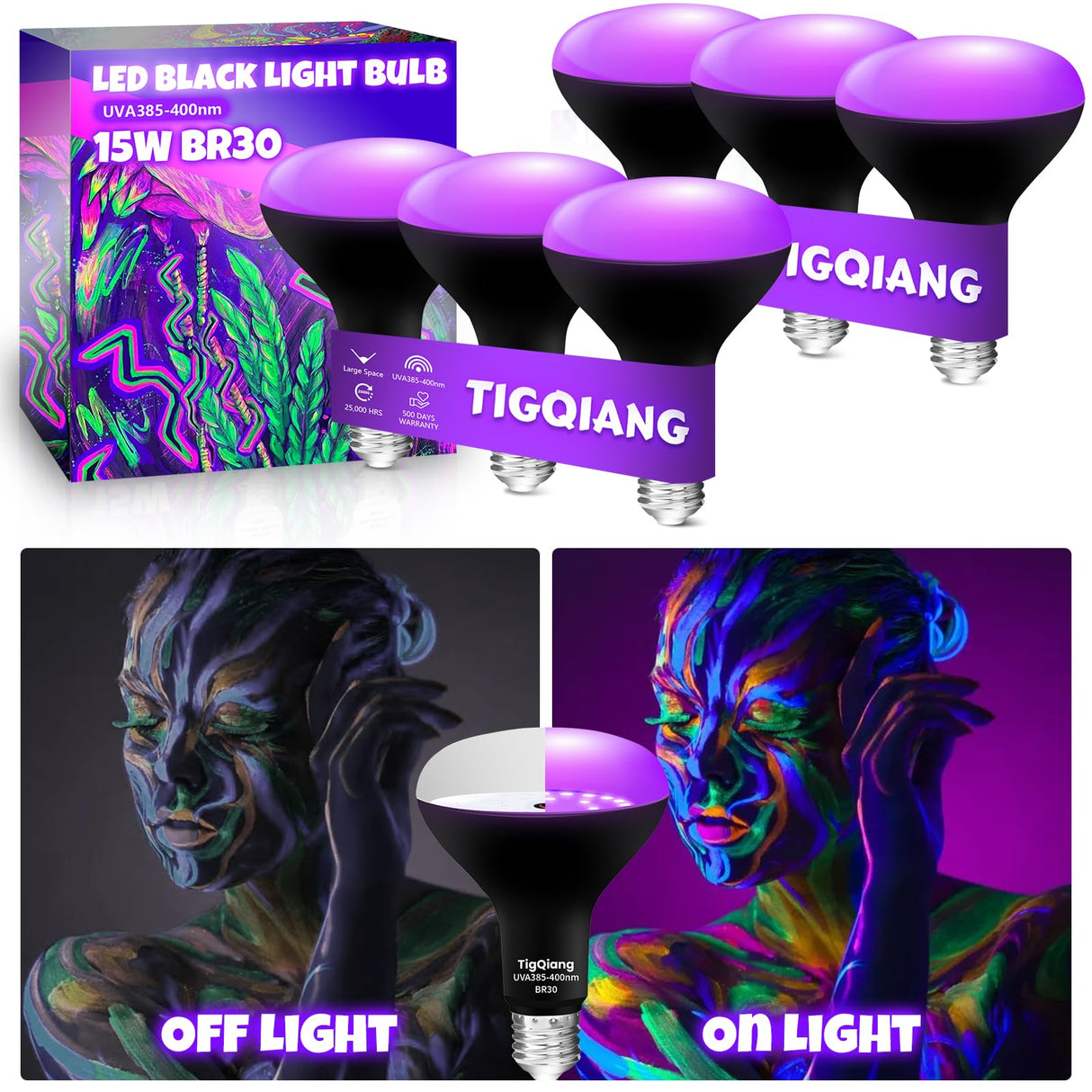 TigQiang 6 Pack Black Light Bulbs, Blacklight Bulb 120W Equivalent, E26 BR30 LED Black Light Bulb 385-400nm for Halloween Christmas Decorations, Body Paint, Glow in The Dark Party, Fluorescent Poster