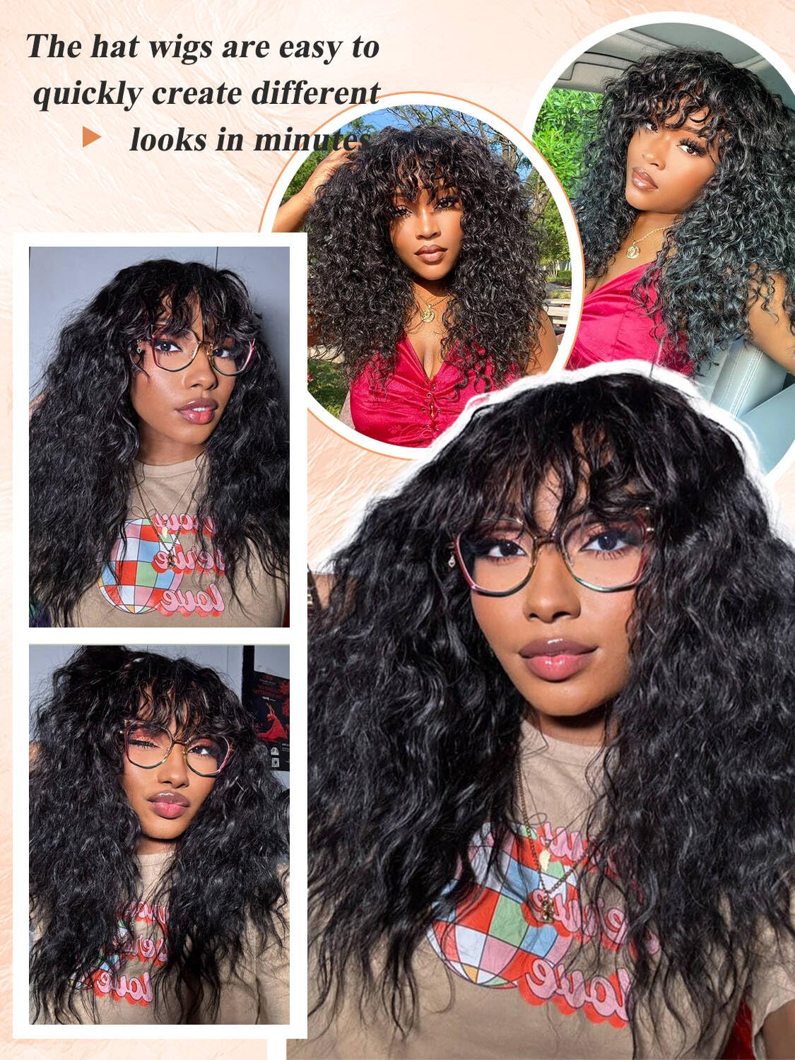 Black Curly Wigs With Bangs for Black Women Human Hair Fix Premium Fiber Long Black Wig for Daily