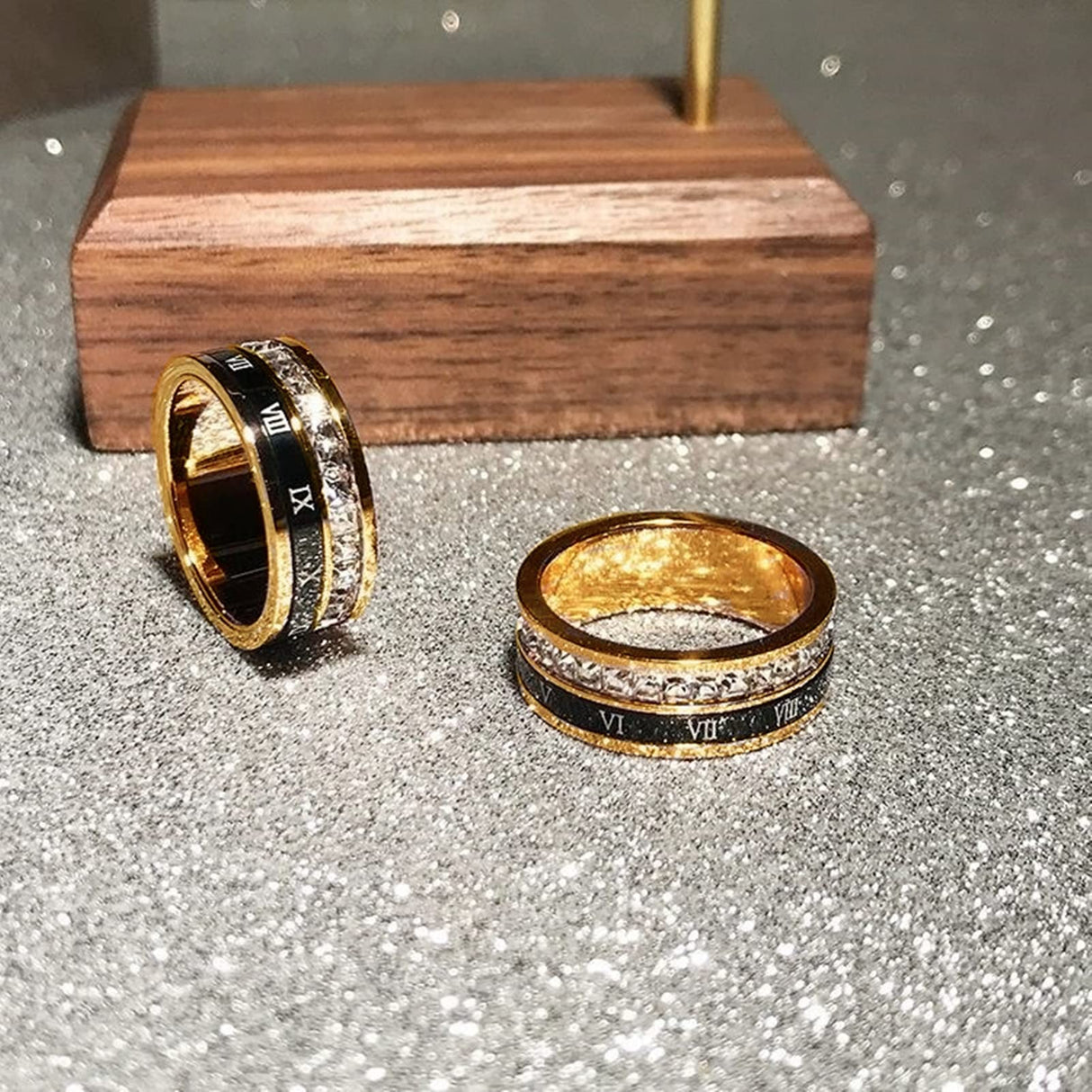 Ropartman 18K Gold Plated Roman Numeral Cubic Zirconia Ring for Men, Square CZ Gold Rings for Men, Spinner Silver Mens Rings Stainless Steel Size 5-13 (Gold Zirconia Ring, 8)
