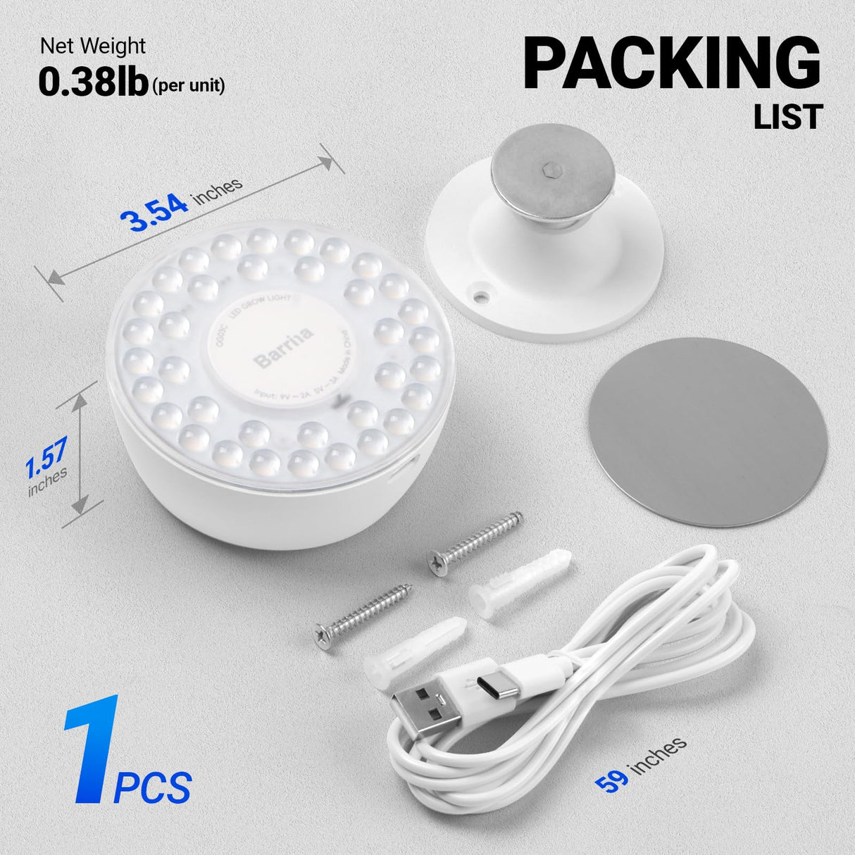 Barrina Orbgrow OG03C Rechargeable Puck Grow Light, 4000K, Cordless Full Spectrum Plant Light for Indoor Plants, Magnetic & Touch Switch with Timer, Small Grow Lamp for Plant Shelf, 1 Pack, White