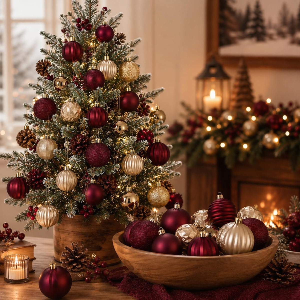 Lunmon 64 Pcs Burgundy and Gold Christmas Ball Ornament 1.57/1.97/2.36 Inch
