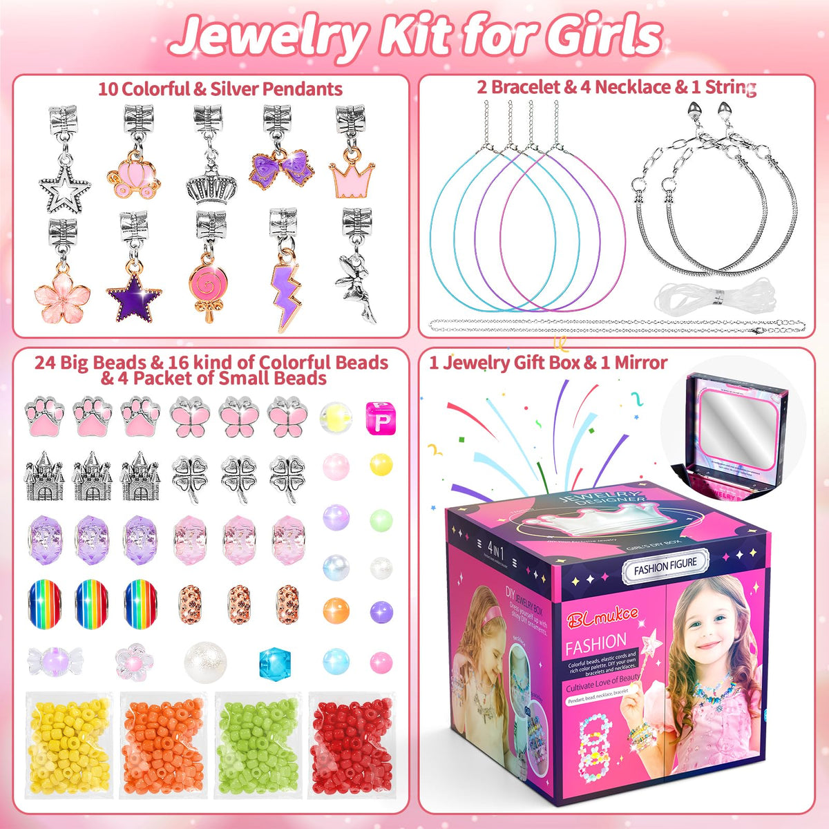 BLmukce Friendship Making Kit for Girls, DIY Jewelry Bead Bracelet Making Kit for Kids 8-12 Year Old, Charm Necklace Craft Kits, Christmas Birthday Gifts for Girl Age 7 8 9 10 11 12 Art Craft Supplies