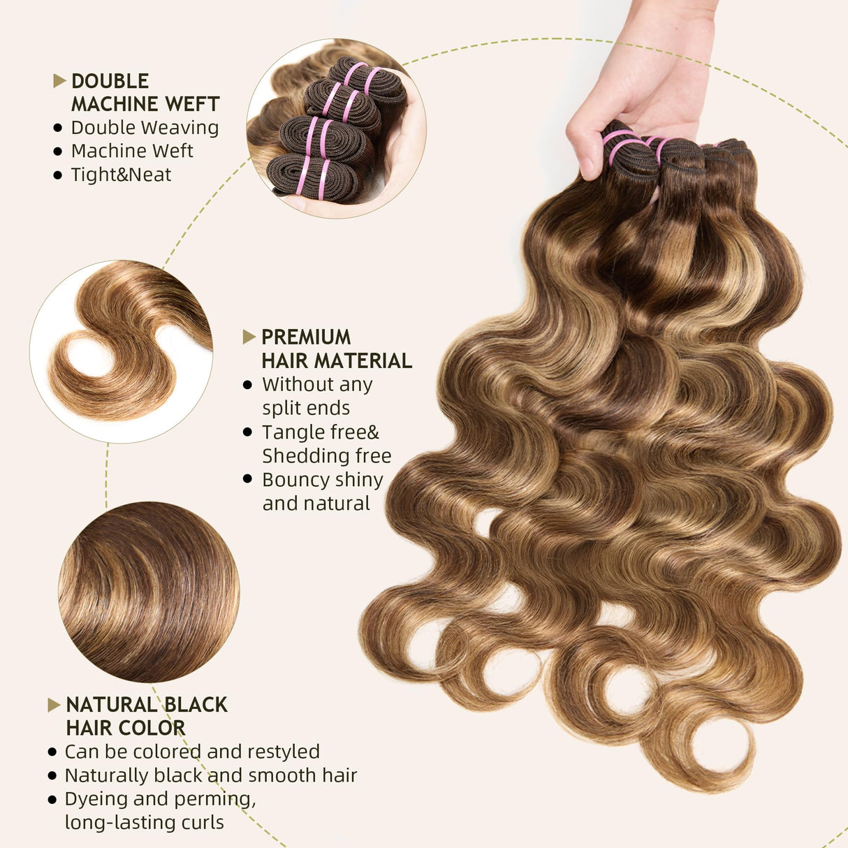 Human Hair Bundles 4 Bundles 18 20 22 24 Inch Hair Extensions Honey Blonde Highlight Body Wave Human Hair 100% Unprocessed Brazilian Virgin Hair Quick Weave P4/27