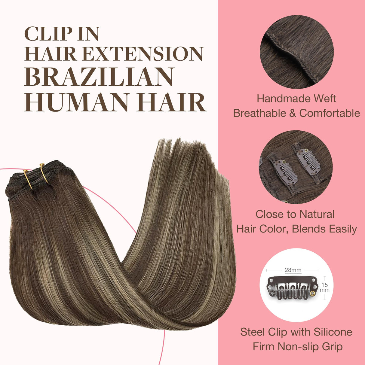 GOO GOO Clip in Hair Extensions Real Human Hair, Remy Human Hair Extensions Clip ins for Women, Natural Human Hair, 18inch 120g 7Pcs, 4/26/4 Balayage Chocolate Brown to Honey Blonde