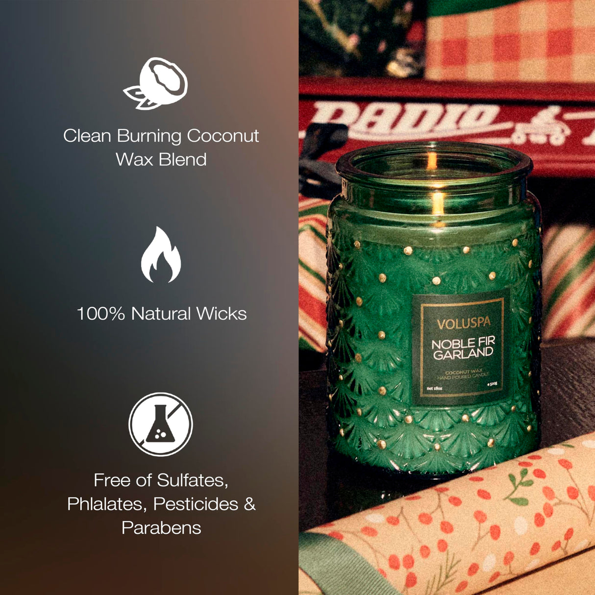 Voluspa Noble Fir Garland, Large Candle Jar, 18oz, Coconut Wax Blend, Christmas Scented Candles for Home, 100 Hour Burn Time, Poured in the USA