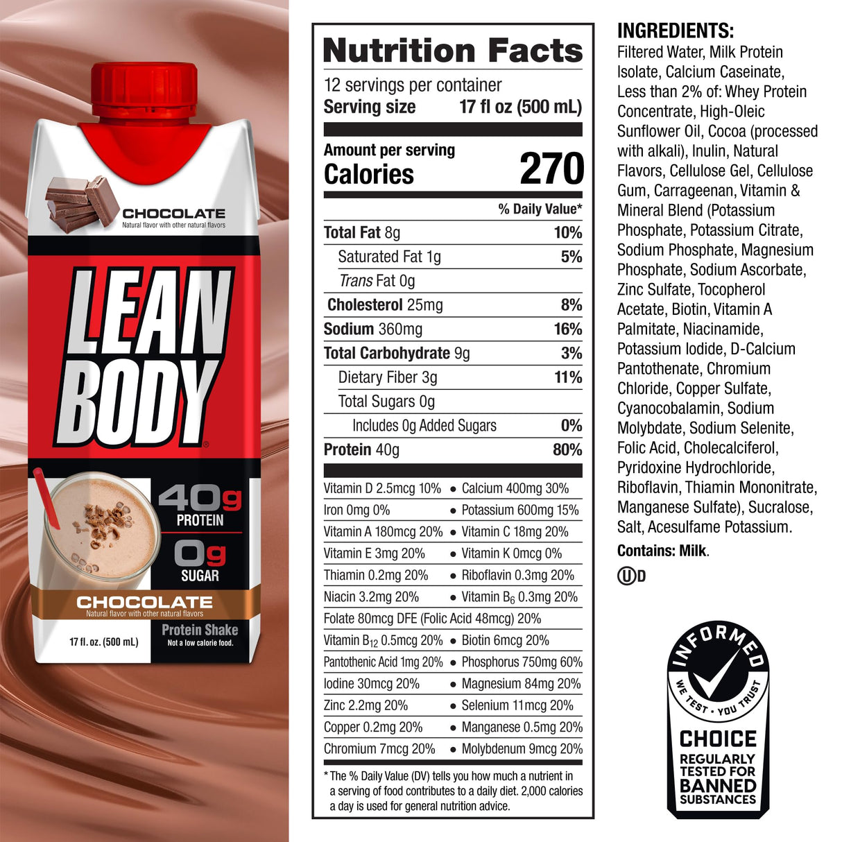 Lean Body Ready-to-Drink Chocolate Protein Shake, 40g Protein, Whey Blend, 0 Sugar, Gluten Free, 22 Vitamins & Minerals, LABRADA, 17 Fl Oz (Pack of 12)