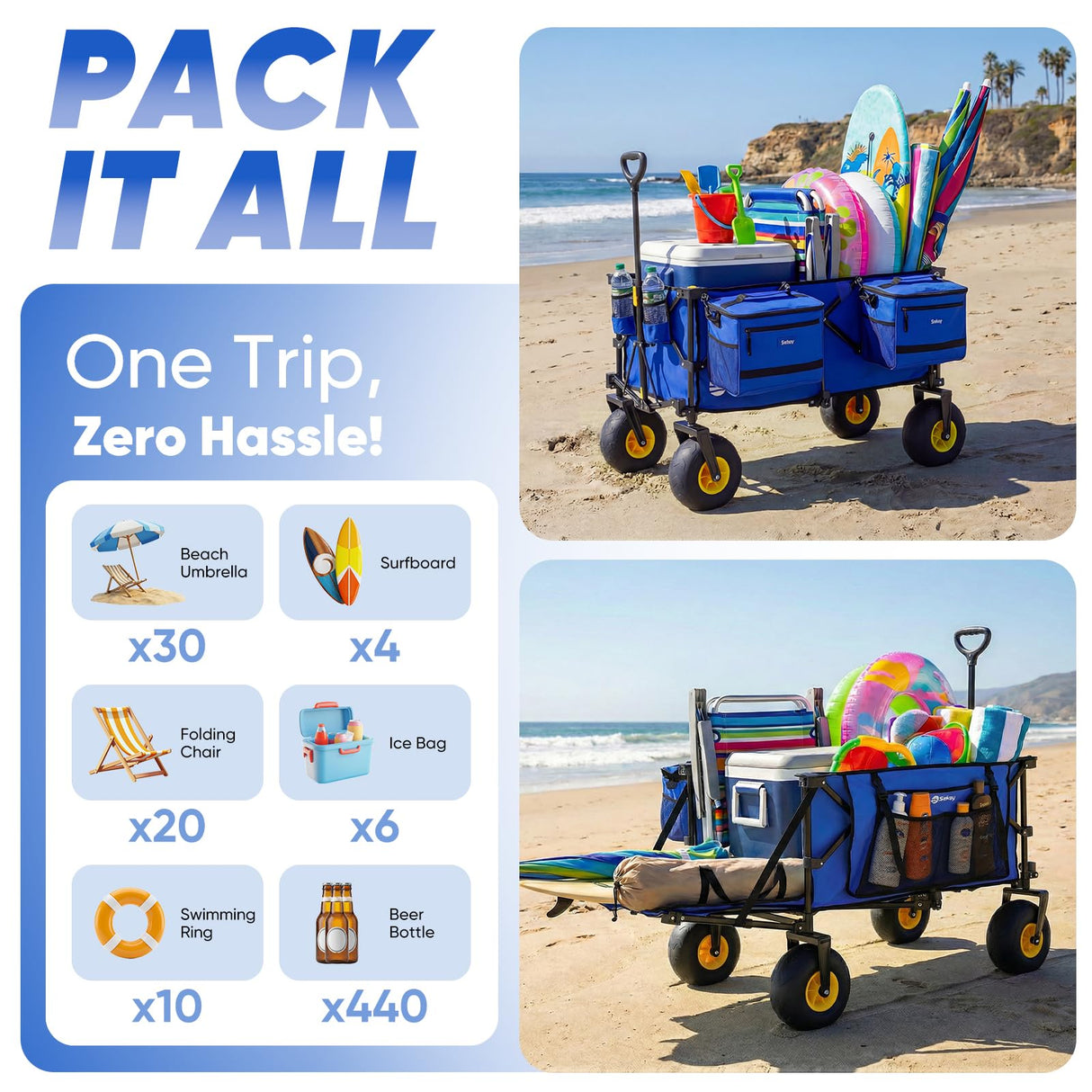 Sekey Heavy Duty Beach Wagon with 9" Big Sand-Proof Wheels, 300L Oversized Foldable Beach Cart with Cooler| Adjustable Handle & Balloon Tires for Sand, Camping,Vacation
