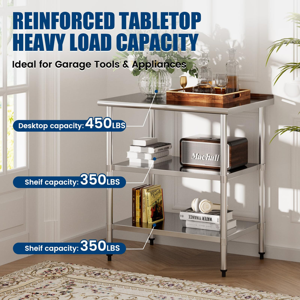 Chingoo Stainless Steel Work Table 24x36 Inch with 2 Adjustable Undershelves & Backsplash, Heavy-Duty Prep Table for Commercial Kitchen, Restaurant, Garage, Outdoor