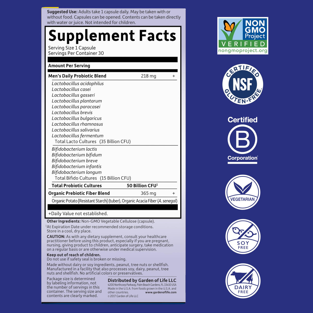 Garden of Life Probiotics for Men Dr Formulated 50 Billion CFU 15 Probiotics for Digestive Health + Organic Prebiotic Fiber for Colon & Immune Support, Daily Gas Relief, Shelf Stable, 30 Capsules